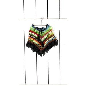 Baby girl rainbow chevron striped crochet knit shawl fringe poncho wrap